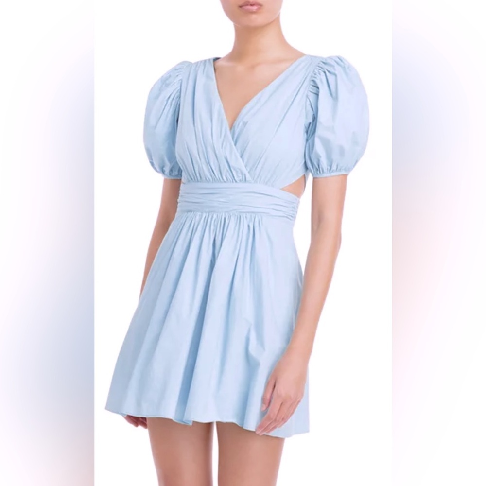 French Connection Rhodes Blue Poplin Mini Dress Puff Sleeves & Waist Cutout ZB7